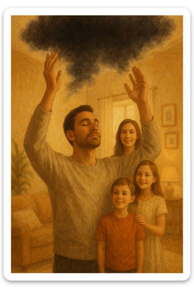 Vertical format: The man collecting and dissolving a dark cloud above him, the woman and family behind him smiling, serene home environment, warm colors. sticker