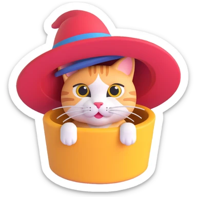 cat peeking out from inside a hat sticker