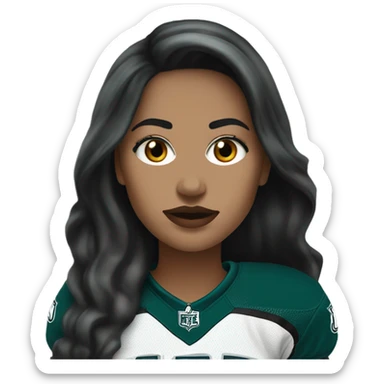 White female long dark hair red lips wearing Philadelphia Eagles jersey sticker