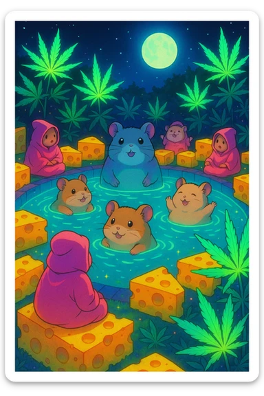 Hamsters in a cult pool party at night, surrounded by cheese and marijuana leaves, neon colors, glowing effects, dreamy vibrant look, Ghibli-inspired sticker