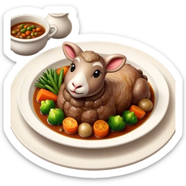 Cinematic Realistic Roast Lamb Dish Emoji, depicted with tender, succulent lamb roasted to perfection and served with seasonal vegetables, rendered with rich textures and inviting warm lighting that captures its traditional heritage. sticker