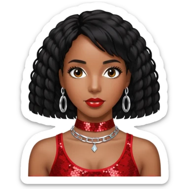 Kelly Rowland with black hair, red sequin crop top and neck bracelet sticker