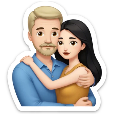 Tall white man with brown mustache and goatee hugging a short pale woman with long black hair sticker