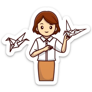 A happy Ukrainian young girl with brown hair in a white embroidered shirt makes an origami of a yellow and blue crane sticker