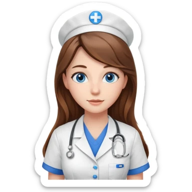 pretty female nursing student with long brown hair, blue eyes inside a classroom at university sticker