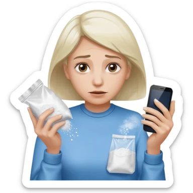 she's anxious , has a transparent tiny pastic bag full of white powder, and her phone in the other hand sticker