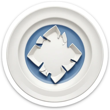 a broken rounded white plate, several piece separated sticker