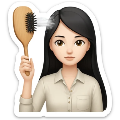 A white woman with long, straight black hair, wearing an ivory-colored shirt, holding a small square wooden paddle hairbrush in her left hand and spraying a hair mist bottle with her right hand toward her hair. sticker