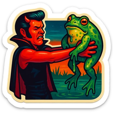 helvis, a demonic figure with a short cape and very tiny horns, holding a giant slimy toad away from himself with both hands and straight arms. His head is turned away from the toad in disgust, cringing but not screaming. Swampy background. Retro sticker style with bold outlines and a vintage sticker look, maintaining helvis's grim and intense vibe. sticker
