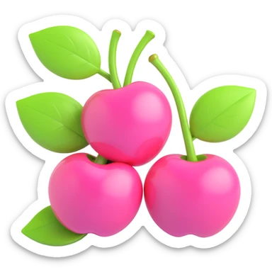 Recreate the image of two pink cherries with green leaves and pink flowers in iOS 3D emoji style, keeping the cute and vibrant look, with a soft 3D effect and glossy highlights. No background. sticker