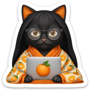A black female cat working on a MacBook, with long, black straight hair, with round frames and thin glasses, and she wears a blanket with an orange fruit pattern sticker