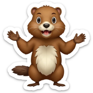  A crazy beaver is standing on its hind legs with its front paws stretched out in front of it. It has a brown fur coat with white fur around its eyes and nose. mouth is open, revealing sharp teeth.  sticker