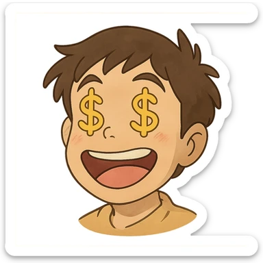 very happy face with dollar signs for eyes sticker