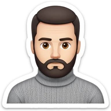Man with square face, trimmed full beard, thick eyebrows, short dark hair combed back. Serious-neutral expression. Light gray thick knit sweater with folded collar. sticker