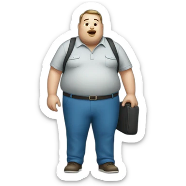 fat man in a blue shirt calling with cell phone sticker