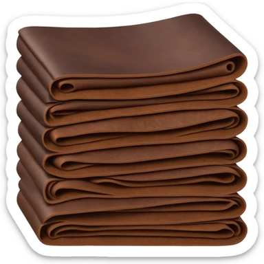 Apple-style 3D emoji of stacked folded sheets of leather fabric, soft but thick texture, dark brown or black, neat industrial look, shown like folded textile. sticker