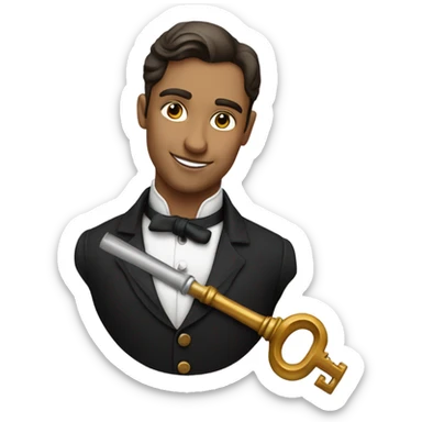 waiter in Victorian dress elegant  full body, holding big key sticker