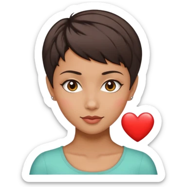woman pixie cut dark brown hair, tan skin, brown eyes, heart shaped face sticker