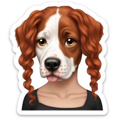 Long Red haired woman with septum piercing holding black and white English Staffordshire dog sticker
