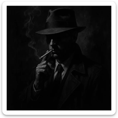 detective character in noir style, shadowy figure, wearing a fedora, smoking a cigarette, dramatic lighting sticker