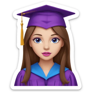 girl with gorgeous long brown hair, blue eyes, long lashes makeup, sexy pink lips, wearing a purple graduation cap and gown sticker