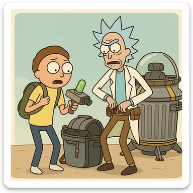 Rick and Morty preparing for new adventune. The're checking their equipment. And they trashcan space ship sticker