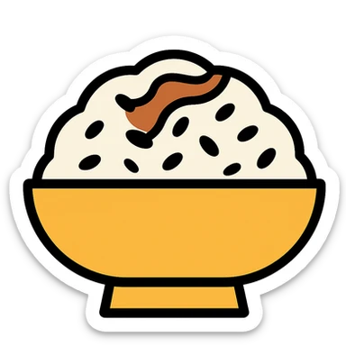 A dish of rice topped with black sesame seeds and soy sauce. sticker