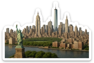 cinematic, realistic emoji of New York City, wide city view with iconic landmarks such as the Statue of Liberty, Empire State Building, One World Trade Center, Chrysler Building, and Central Park, lifelike architectural detail, accurate colors, bright daytime lighting, fully transparent background, no sky, no clouds, no city name label sticker
