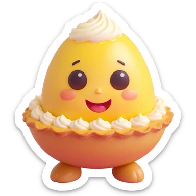 kawaii 3D egg tart character, golden crispy tart shell, jiggly custard face, big watery eyes, cartoon mouth, pastel palette, chubby cheeks, comical emotion, soft light, glossy texture sticker