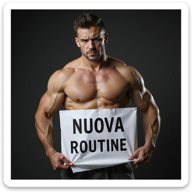 hyperrealistic 4K image of a sad muscular fitness man holding a sheet with the text 'NUOVA ROUTINE', variation 14, no background sticker