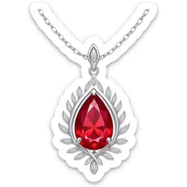 teardrop ruby pendant with fiery light, tiny phoenix feather emerging, haloed by shimmering white stones, silver chain like liquid moonlight sticker