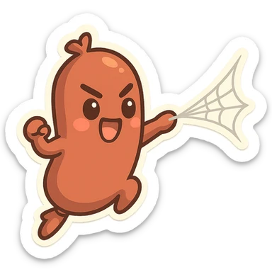 sausage character launching a spiderweb from its end, energetic pose sticker