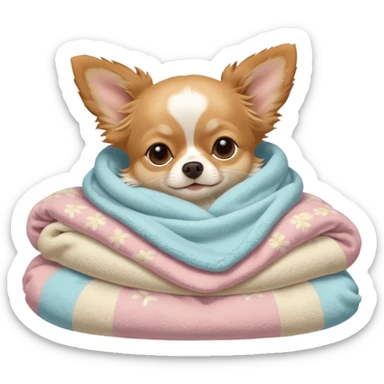 Long haired chihuahua, beige, no white on head, with white chest and white socks, sleeping cutely under blanket sticker