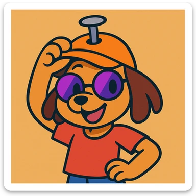 cute puppy girl with a nail hat and half purple sunglasses, smiling and holding the hat up, fun and expressive cartoon style sticker