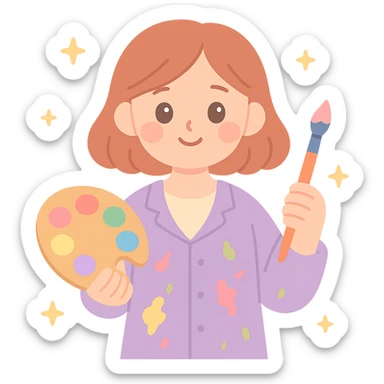 Serene female oil painter, Caucasian features, shoulder-length auburn hair, soft brown eyes, gentle smile, wearing a violet painter’s smock lightly stained with paint over a beige blouse, holding a wooden palette with vibrant colors in one hand and a brush in the other, waist-up, front-facing sticker