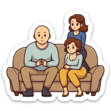 One Caucasian woman with brown hair big boobs wearing pants sitting on a couch with a bald man. Shebis kneeling sticker