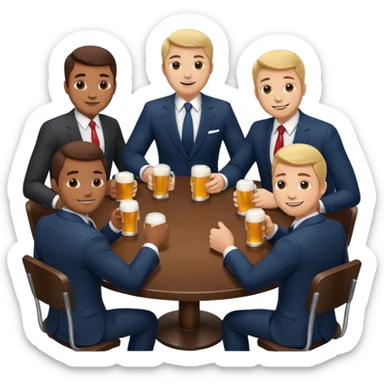 a business meeting of serious businessmen in suits at a round table, drinking beer. sticker