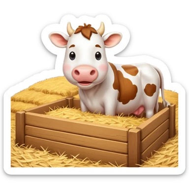 cute cow feeding scene inside a cow barn, wooden stable, hay bales, feeding trough, happy cow eating hay, warm farm lighting, 3D cartoon, mobile game icon style, clean background, no text, no watermark
 sticker