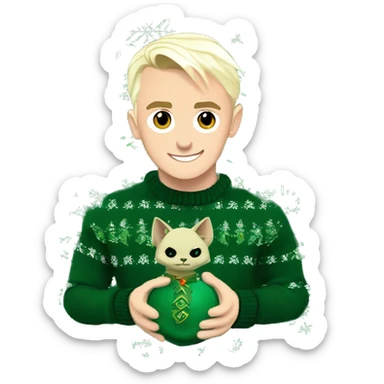 Draco Malfoy in a Slytherin-themed Christmas sweater, with a mischievous grin, holding a green and silver ornament Draco Malfoy in a Slytherin-themed Christmas sweater, with a mischievous grin, holding a green and silver ornament sticker