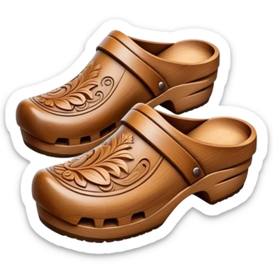 Cinematic Realistic Wooden Clogs Emoji, depicted as a pair of traditionally carved wooden clogs with intricate details and rustic charm. sticker