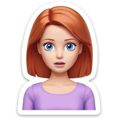 Barbie girl Chestnut-red Shoulder-length hair and blue eyes is In pale purple clothes a Feels terrified sticker
