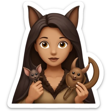 woman with long dark hair holding a horsehoe bat sticker