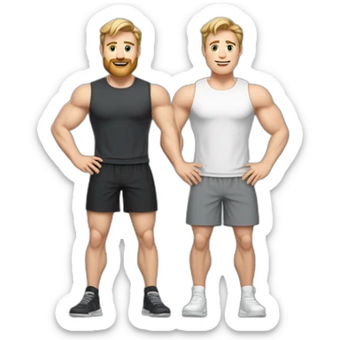 Full height Actively gesturing with hands Pale skinned Fit Man With the biceps and light brown hair with Bristle in dark gray Sleeveless Mike, black oversize sports shorts and white Sneakers sticker