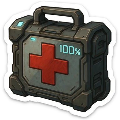 the image is the icon for a videogame pick up item, it is a medkit, medic kit, %100, fututistic cyberpunk, "HALO: Reach" sticker