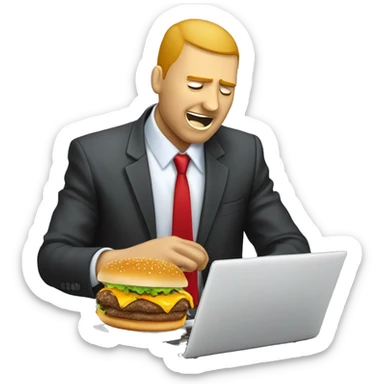 A business man in a suit eating a messy cheeseburger that is dripping onto his laptop like he doesn't care because lunch is more important than work. sticker