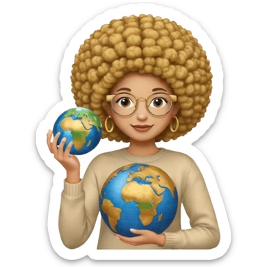 a young woman wearing gold round glasses and afro hair, she has medium/mate skin, she's wearing a sweater and she's holding a globe in her hand sticker