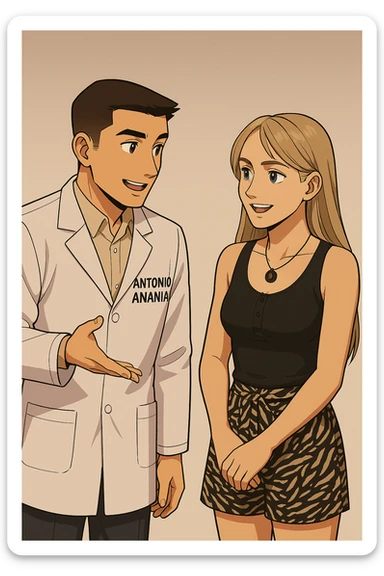 fai un webtoon/manga a colori con questo kinesiologo in camice bianco (fagli la scritta "ANTONIO ANANIA" SUL CAMICE) CHE PARLA CON QUESTA RAGAZZA CON GLI OCCHI AZZURRI. la ragazza gli fa una domanda e IL KINESIOLOGO CON IL CAMICE BIANCO LE risponde. NON FARE I FUMETTI, FAI SOLO LORO COME SE DIALOGASSERO sticker