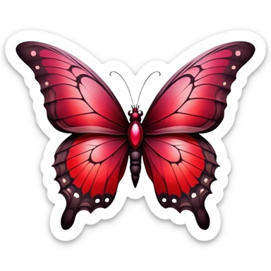 A breathtaking Gothic butterfly with wings adorned in a mesmerizing gradient of ruby, scarlet, burgundy, Venetian, and rustic red takes flight in the foreground. Behind it, dark and weathered crosses stand shrouded in crimson mist, creating a haunting yet beautiful contrast. sticker