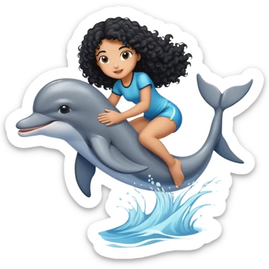 A girl with black curly hair riding a dolphin ￼ sticker