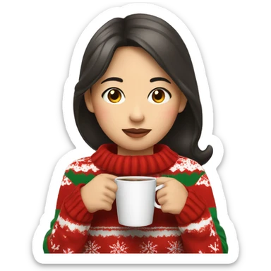 asian girl drinking coffee wearing Christmas sweater sticker